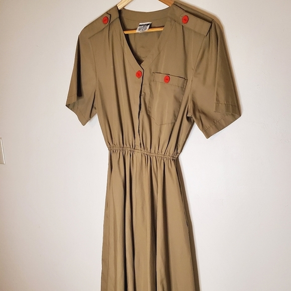 Revolution Muse Army-Influenced Dress with Pocket, Gathered Waist & Red Buttons - Picture 5 of 16